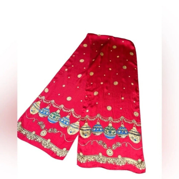 Echo Festive Red Background with Holiday Ornaments Silk Oblong Scarf Rare - Picture 5 of 5